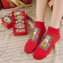 6 пар в китайском стиле красные носки женские Харадзюку С принтом длинные хлопковые носки повседневные забавные носки теплые Calcetines Mujer