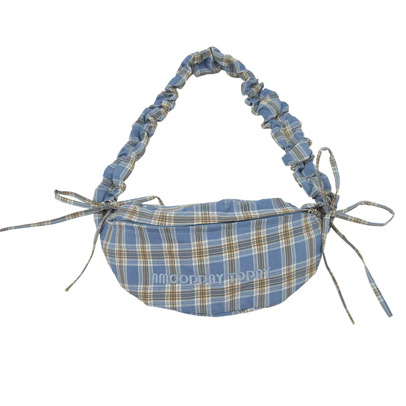 

Chic Small Chest bag Plaid Pleated Waist Bags Lovely Girls Bow Korea simple Messenger shoulder bag Cheap Women Purses