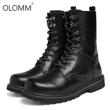 

Men Mid-Calf Army Boots Lace-Up Genuine Leather Motorcycle Boots Non-slip Wear-resistant Outdoor Work Boots Combat Boots 38-47