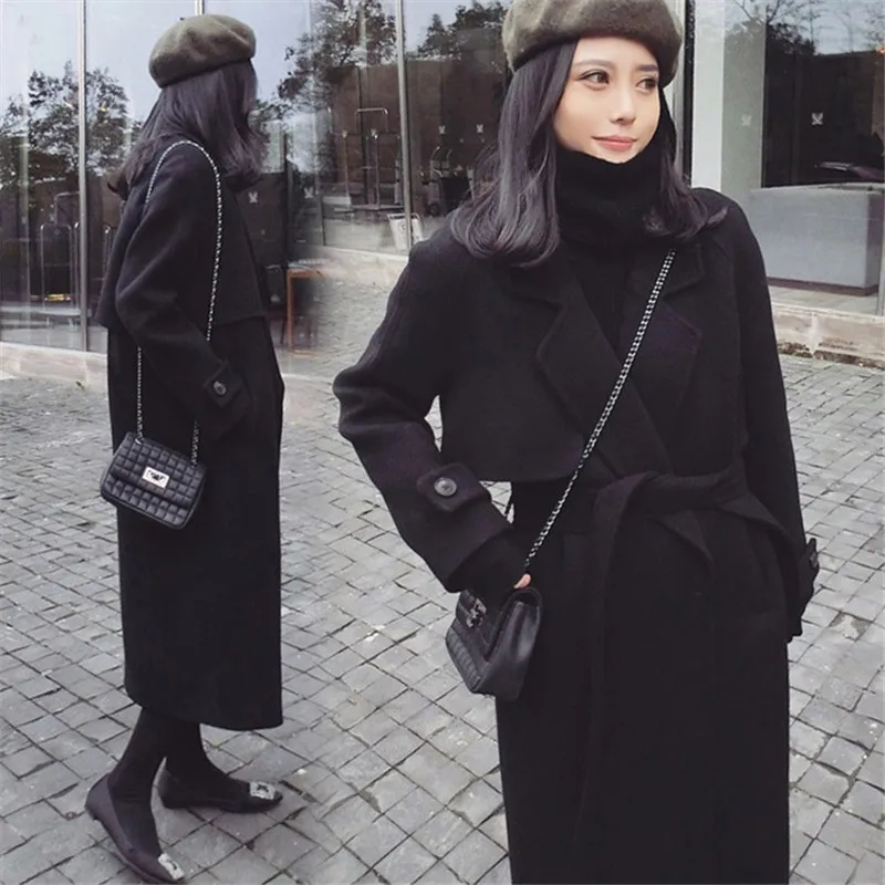 Зимнее шерстяное пальто и куртка для женщин, большие размеры, Корейская длинная куртка, теплое Черное элегантное шерстяное пальто из кашемира, винтажное пальто-кардиган, накидка - Цвет: Черный