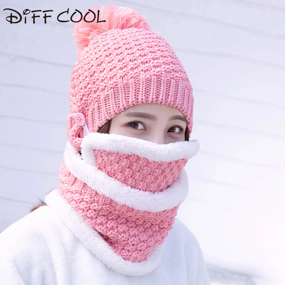 DIFF COOLWinter, женская вязаная шапка, маска, воротник, теплая шапка, модная шерстяная утолщенная шапка, воротник, женская теплая шапка, повседневная снежная шапка