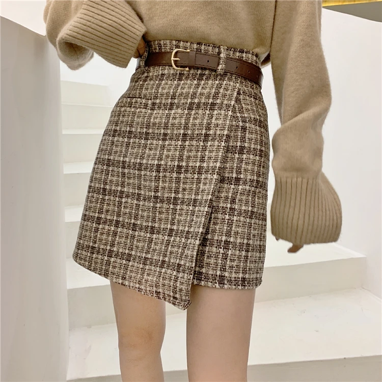 Comprar Falda de Tweed negro 2019 Otoño Invierno mujeres coreana elegante Plaid Jupe Femme lindo fondos para damas una línea Mini faldas G858