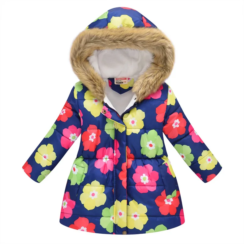 

Children's Cotton-padded Clothes Boys and Girls Multi-color Printing Children's Long Fur Collar Hooded Cotton-padded Jacket Coat