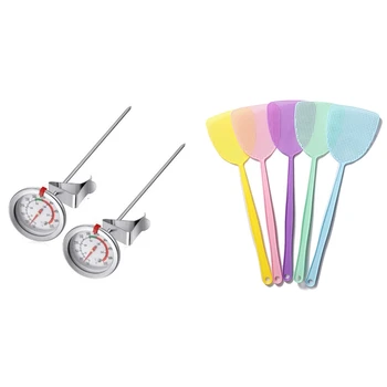 

2pcs Stainless Steel Long Handle Frying Thermometer with Metal Clip & 5pcs Fly Swatter, Strong Flexible Manual Swat Set