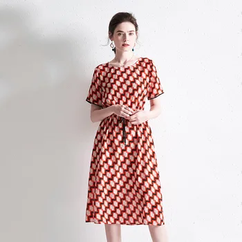 

red retro floral silk dresses women natural silk 2020 summer brand long casual sexy office work dress plus size belt dropship