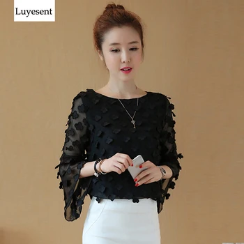 

3D Floral Tassel Women Chiffon Blouse White Black Flare Long Sleeve Elegant Blusa Slim Top 2020 Fashion O Neck Thin Chic Ullzang