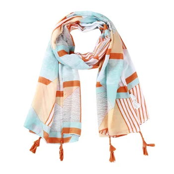 

Spring Summer Female Scarf Orange Stripes Printing Long Scarves For Women Head Hijab Bandana Wild Beach Sunscreen Tassel Shawl