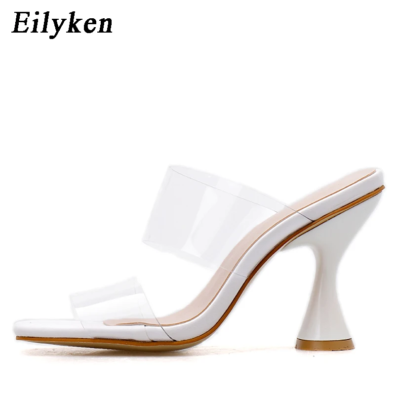 Eilyken/Женские Модные прозрачные белые босоножки из пвх; пикантные женские шлепанцы на высоком тонком каблуке с квадратным носком; Новинка; сезон лето
