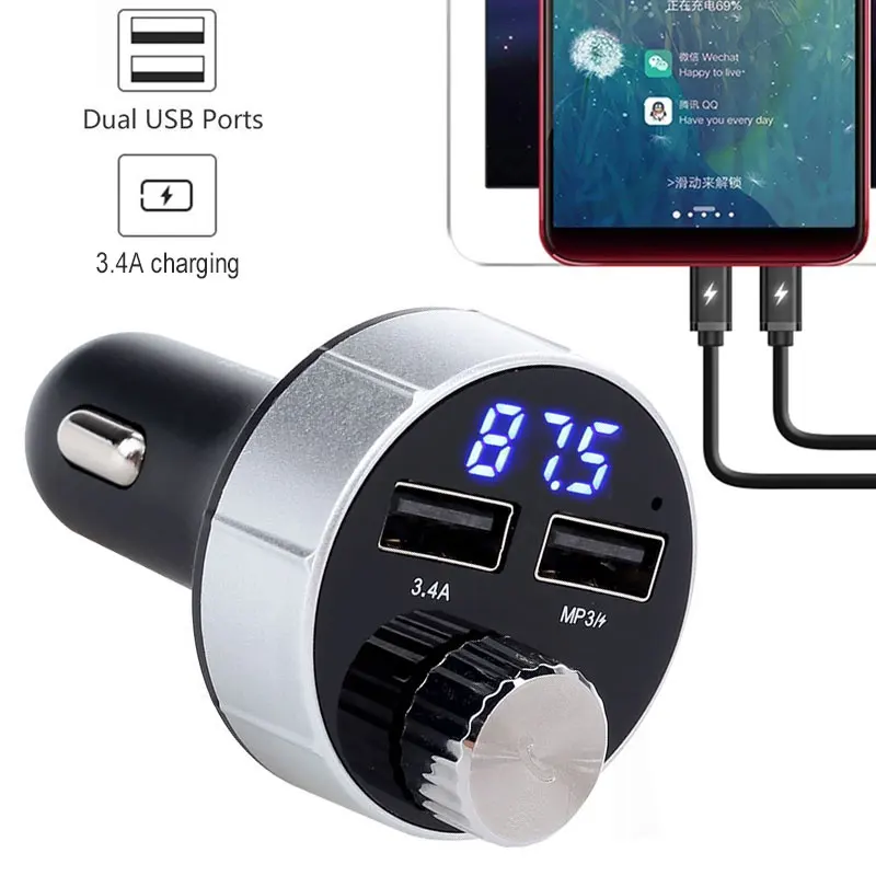 Автомобильное зарядное устройство с двумя usb-портами, fm-передатчик, Aux, Bluetooth, Смарт, громкая связь, вызов, mp3-плеер, многофункциональное воспроизведение TF, fm-передача
