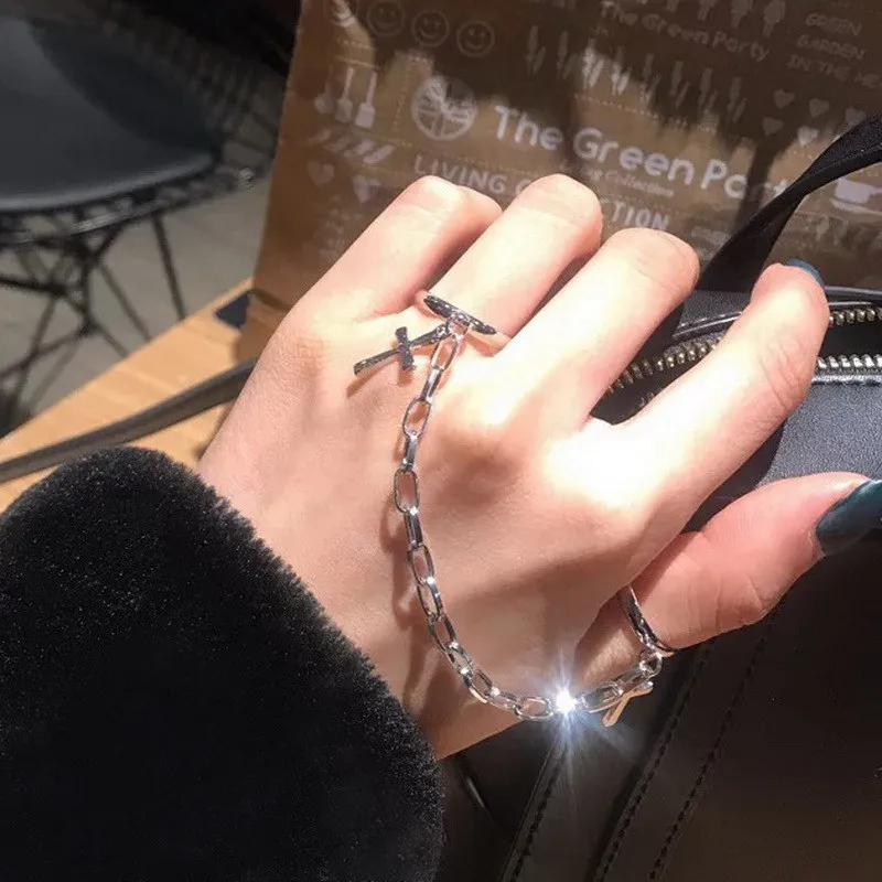 Men Punk Silver Color Plated Cross Chain Ring For Women Trendy Hip Hop Finger Knuckle Adjustable Jewelry Accessories Gift Anillo finger ring chain ring silver ring adjustable rings jewelry accessories