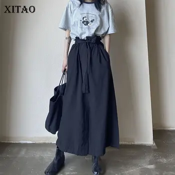 

XITAO Split Women Skirt Fashion Loose Elastic Waist Pocket 2020 Summer Goddess Fan Elegant Black White Casual Skirt DMY4729