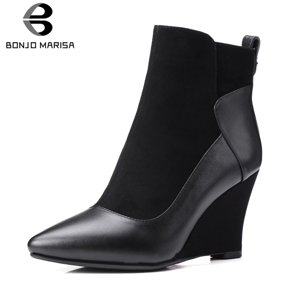 

BONJOMARISA Brand New women's Genuine Leather Kid Suede Wedges High Heels Shoes Woman Party Office Autumn Winter Ankle Boots