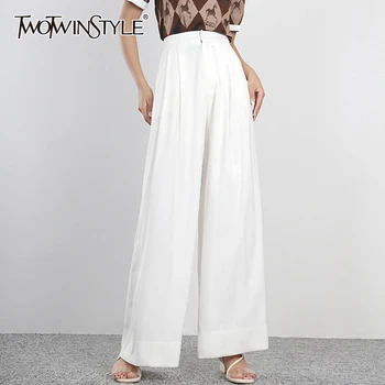 

TWOTWINSTYLE Casual White Women Full Length Pants High Waist Loose Pleated Wide Leg Pants For Female Fashion 2020 Spring Clothes