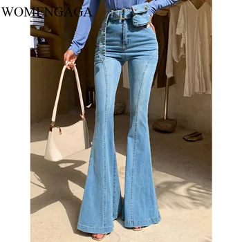 

2020 Sexy Womens Elasticity Blue Vintage High Waist Spliced Slim Bow Blet Bag Flare Pants Girl Female Jeans Denim E140