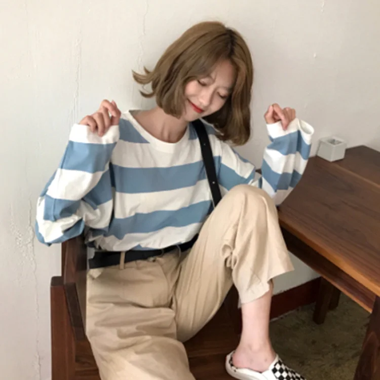 Полосатая Женская Футболка Harajuku одежда корейский стиль уличная Эстетическая Осенняя футболка с длинным рукавом и круглым вырезом