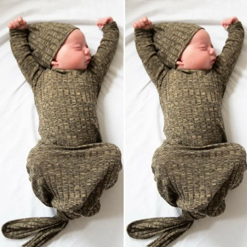 Однотонное вязаное Пеленальное Одеяло для маленьких девочек, спальный мешок+ шапка, комплект От 0 до 1 года