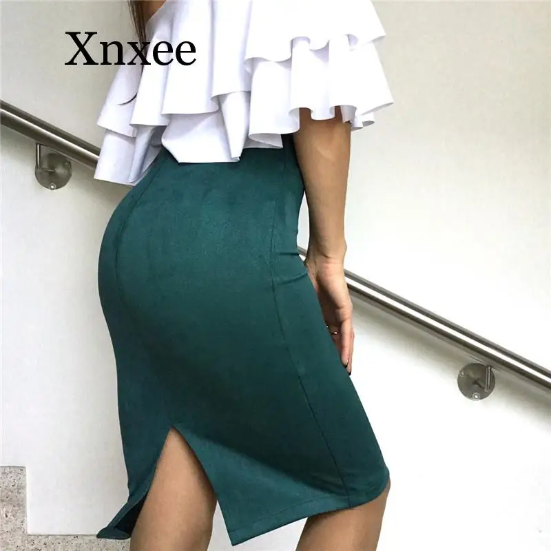 

Women Skirt Winter Solid Suede Work Wear Package Hip Pencil Midi Skirt Autumn Winter Bodycon Femininas vintage leather skirt
