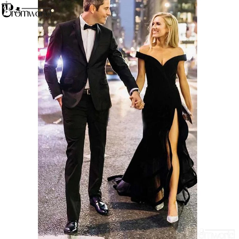

Elegant Black Mermaid Evening Dresses 2019 Off the Shoulder Long Evening Gown Sexy Slit V-Neck Prom Dress abiye gece elbisesi