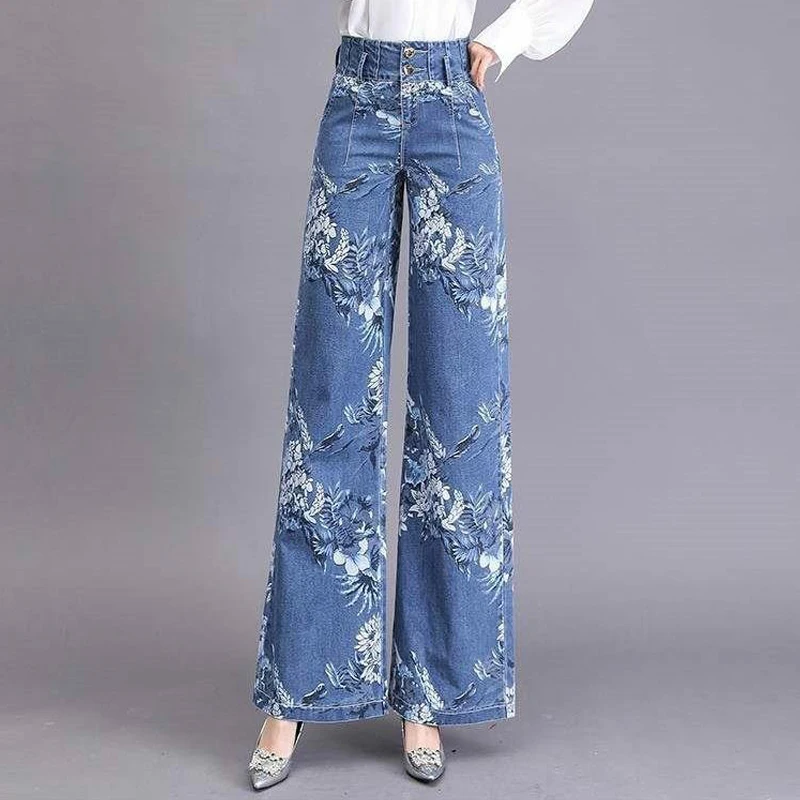 

Spring Fall Fashion Womens Clothing High Waisted Floral Pattern Printed Denim Trousers, Woman Wide Leg Jeans Pants