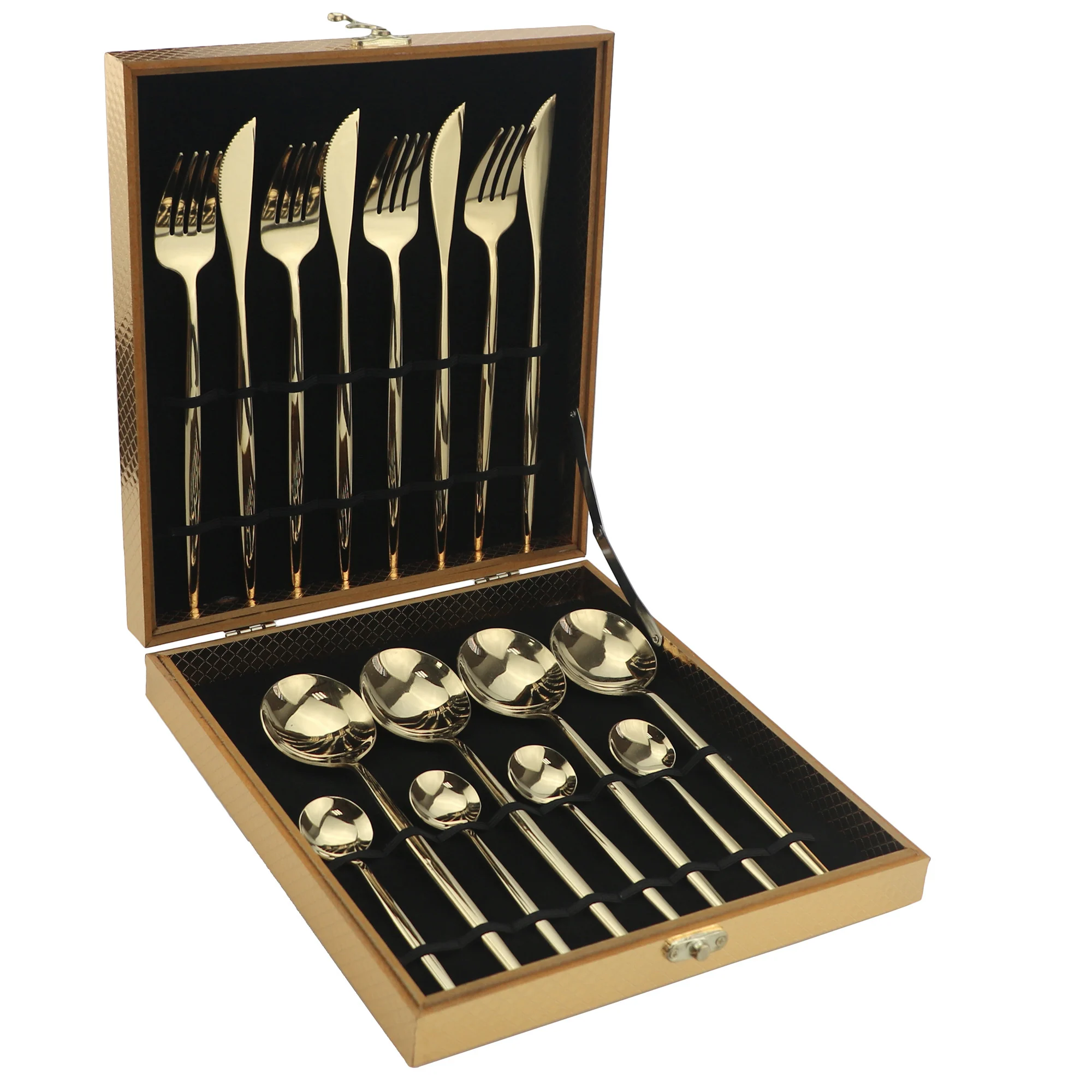 

16Pcs 304 Stainless Steel Dinnerware Set Knife Fork Spoon Cutlery Set Kitchen Flatware Mirror Silverware With Gold Gife Box