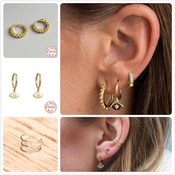 

925 Sterling Silver Earrings For Women Gold Small Hoop Ear Bone Earring Men Ear cuff aretes Girl Party Gift Evil Eye Earrings R5