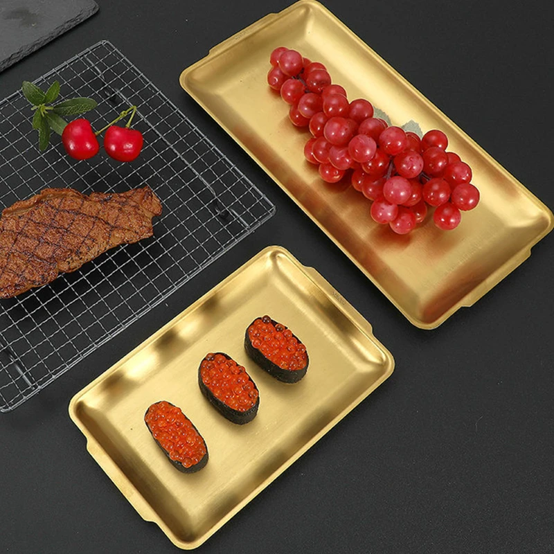 Stainless Steel Food Storage Tray Square Plate Snack Dessert Fruit Cake Bread Serving Pan Golden Home Kitchen Barbecue Dish | Дом и сад