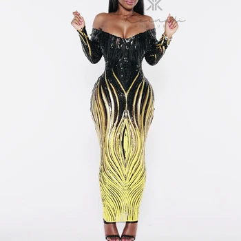 

Elegant Sequined Print Long Dress Strapless Long Sleeve Slim Vestidos Women Club Off Shoulder Sexy Party Dresses Plus Size Cloth