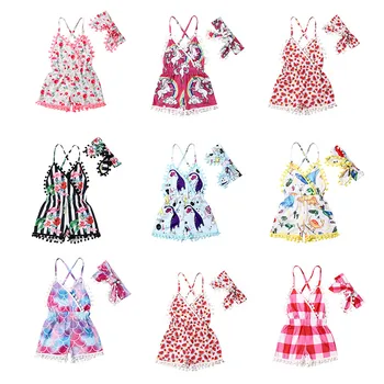 

Summer Infant Newborn Baby Girls Floral Tassel Sleeveless Backless Floral Romper Jumpsuits+ Headband Holiday Clothes Outfit
