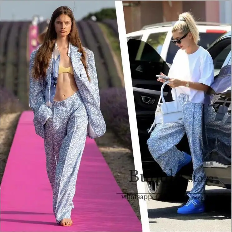 

luxury vintage Star Street Shooting Women's Autumn Blue Floral Mid-Length Suits Large Loose Long-Sleeved oversized blazers S-L