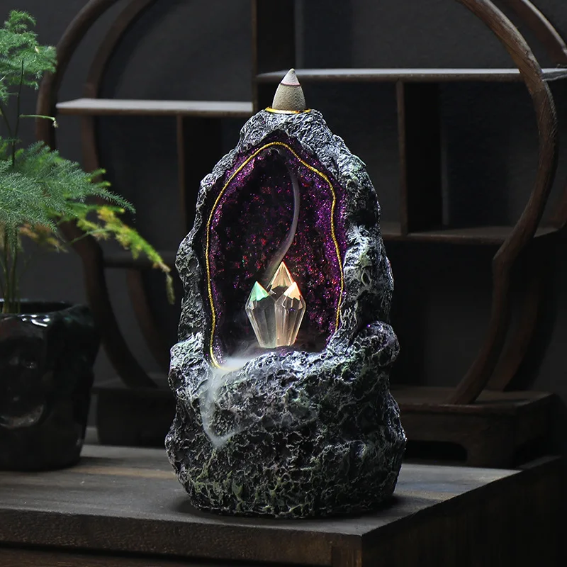 Glowing Crystal Backflow Incense Burners Smoke Fountain Waterfall Resin