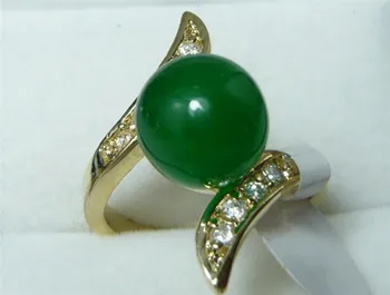 

2 colors wholesale noblest christmas gift 18kgp crystal plated 10mm green/light green Natural jade bead ring (7,8,9#) R012