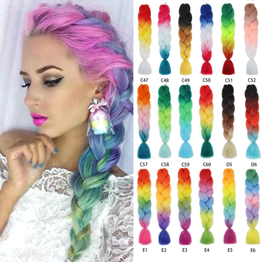 24inch New Colors Synthetic Twist Jumbo Braids For White Women Ombre Braiding Hair Extensions 100g Colorful Rainbow Gray Green