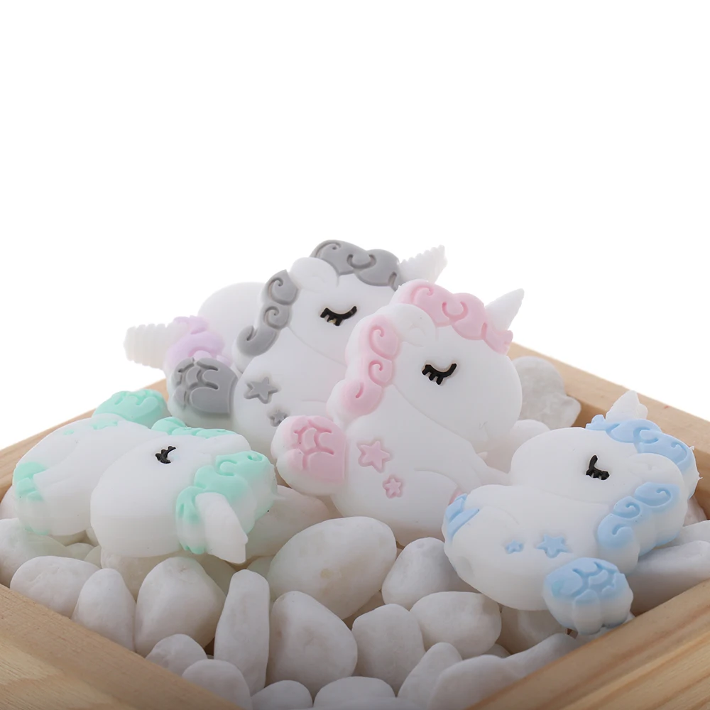 ATOB, 30 шт., силиконовые бусины в виде единорога, Kawaii, Силиконовые бусы, ожерелье, Прорезывание Зубов, детские игрушки, силиконовые бусины для прорезывания зубов, без бисфенола, серый, мятный