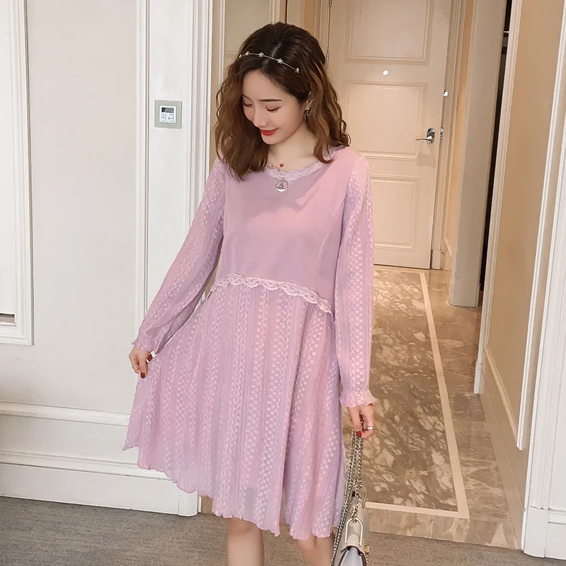 

Good Quality Maternity Autumn Dress Long Flare Sleeve O-neck Pregnant Women Pleated Dress Sweet Ruffles Patchwork Empire Dress
