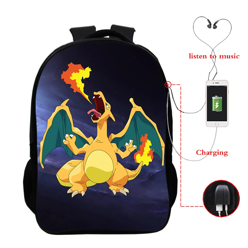 165-dff-11-15-126 Galaxy Charizard рюкзак с зарядкой через Usb 16 дюймов Pokemon дорожные сумки через плечо Водонепроницаемая школьная сумка для мальчиков и девочек - Цвет: 165-dff-11-15-126