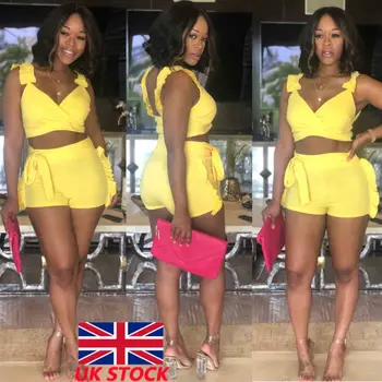 

2PCS Set Women Summer Fashion Sexy Clothes Sleeveless Solid Length Strapless Vest Tank Tops Ruffles Short Pants Sets Clubwear