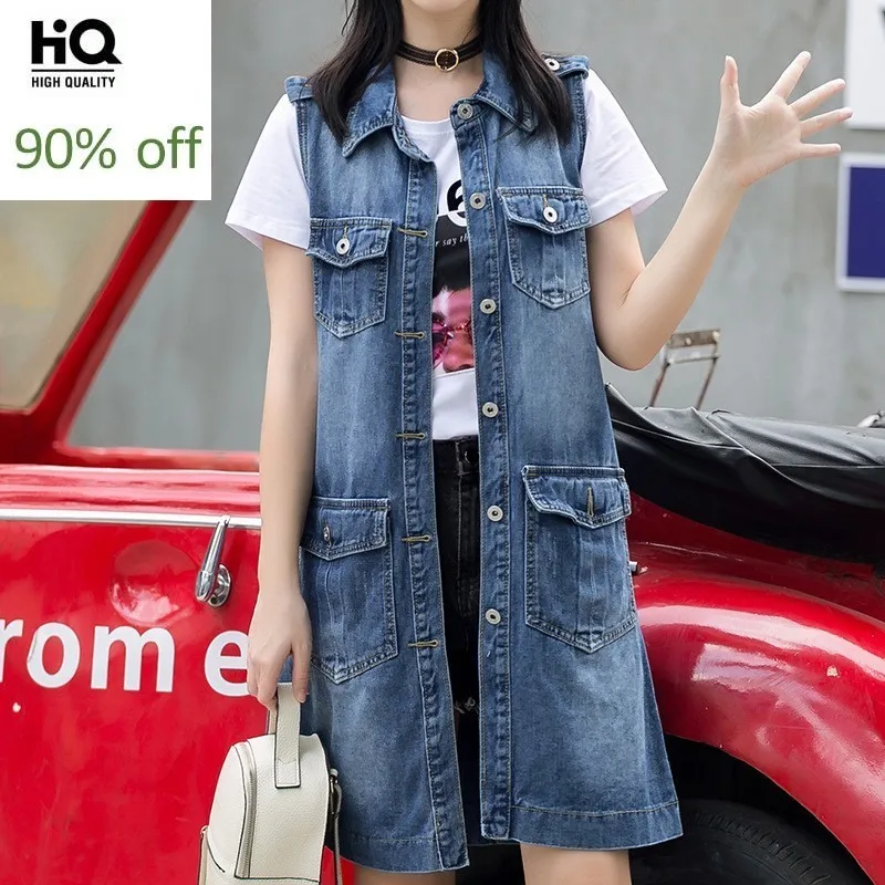 

Spring Womens Denim Vest Vintage Single Breasted Back Split Long Waistcoat Leisure Slim Pocket Sleeveless Jacket Female M-XL