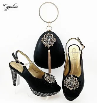 

Wholesale price black African high heel sandal shoes with bag nice shoes and handbag set QSL024, heel height 10CM