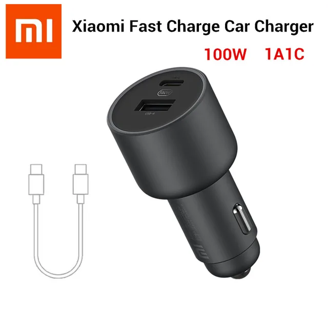 Original Xiaomi 100W Car Charger Dual USB Quick Charge Mi Car Charger USB-A USB-C Dual Output LED Light With 5A Cable 1