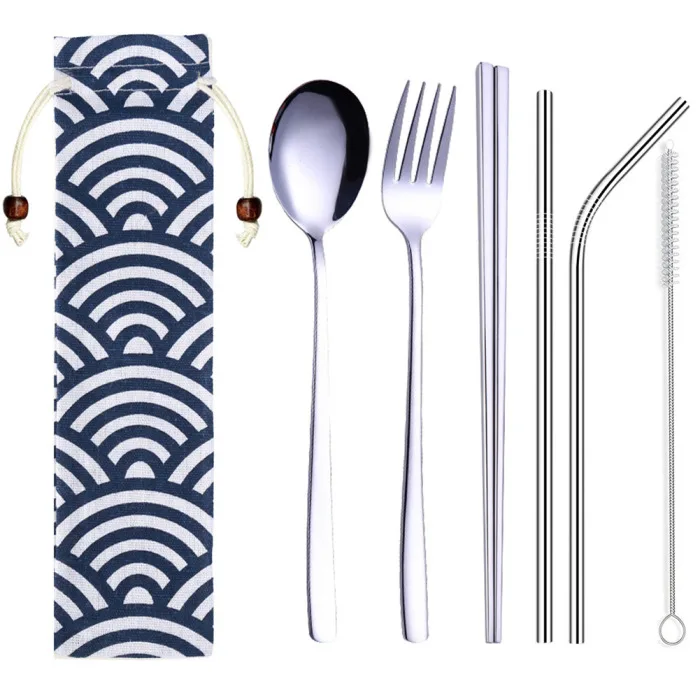 Stainless Steel Cutlery Set Five-piece Suit Linen Bag Tableware Travel Outdoor Office Picnic Barbecue D6