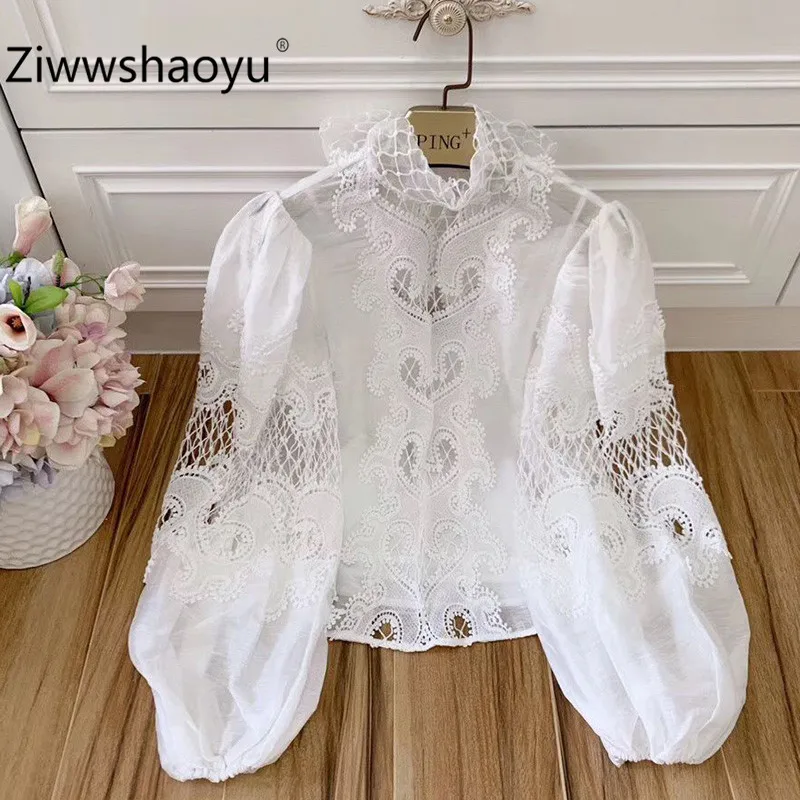 

Ziwwshaoyu Boho Runway Designer 100% Cotton Women's Top Openwork Embroidery Patchwork Luxurious Bow Collar Shirt