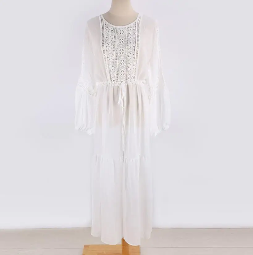 Boho женское белое бикини, накидка, модное кружевное пляжное платье с длинным рукавом, свободное платье с длинным рукавом, платье со шнуровкой на талии