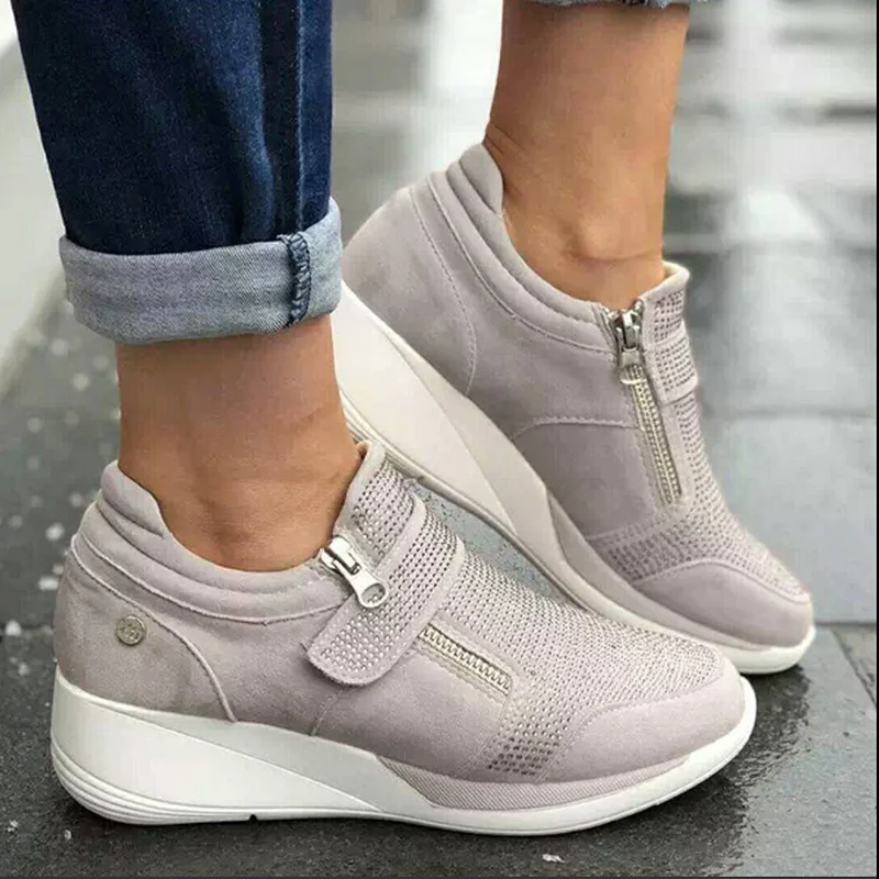 New Shoes Woman Sneakers Gray Zipper Platform Trainers Women Shoes Casual Lace-Up Tenis Feminino Zapatos Mujer Womens Sneakers - Color: Gray