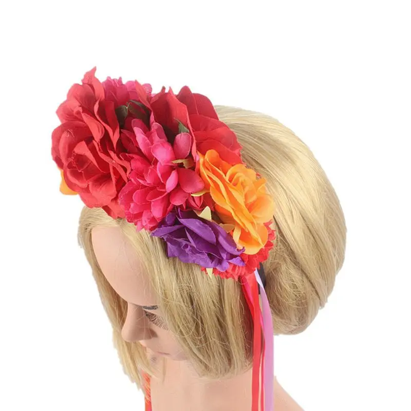 Женские Бальные вечерние повязки на голову на Хеллоуин для девушек, цветные искусственные розовые чайные цветы, Длинные ленты, обруч для волос, Мексиканский праздничный головной убор