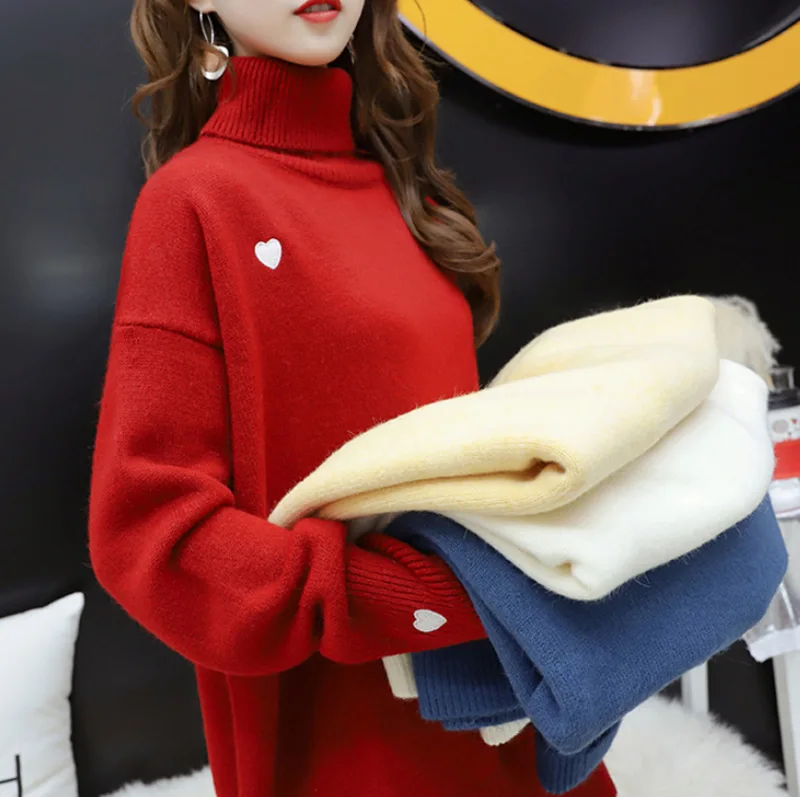 Mooirue зима женский Kawaii вязаный свитер водолазка с принтом в виде сердца винтажная свободная уличная одежда корейский стиль красные пуловеры