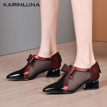 

KarinLuna 2020 New Arrivals Patent Leather Shoes Pointed Toe Low Heels Buttertfly-knot Zip Spring/Autumn Casual Shoes