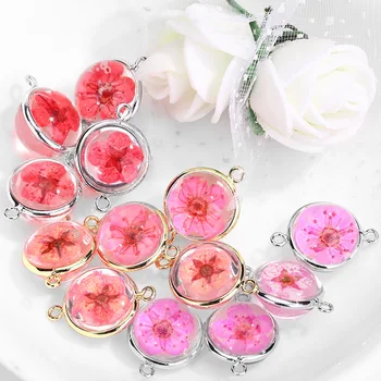 

6PCS 13x19MM 24K Gold Color Brass and Glass 2 Holes with Dried Flower Round Connect Charms Pendants Diy Jewelry Accessories