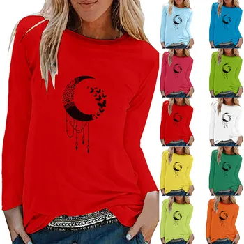 

Womens Casual Round Neck Moon Printed Loose Long Sleeve Blouse shirt Tops Autumn Basic Women Sweaters Pullover Soft Slim Fit Top