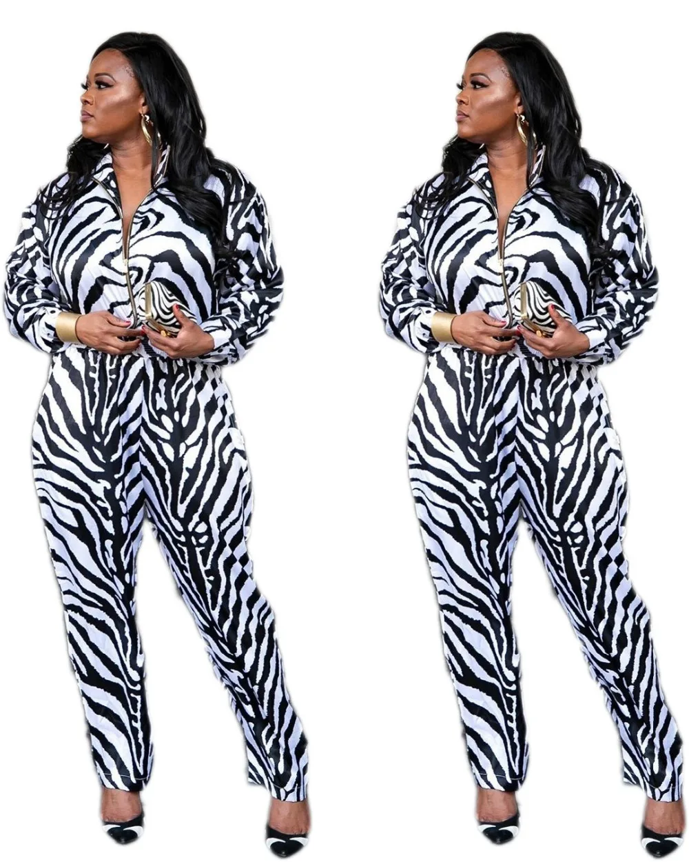Black White Striped Casual Women Jumpsuit Front Zipper Long Sleeve Loose Romper Street Wear Long Overall