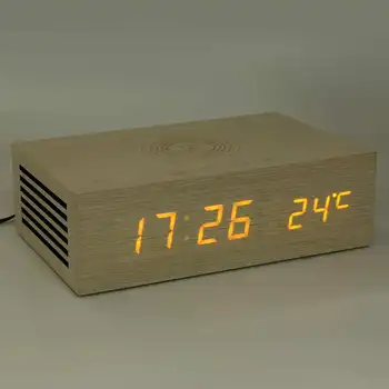 

Alarm Clock with Phone Wireless Charger LED Modern Digital Clock with Qi Charging Electronic Desktop Clock Despertado Wooden